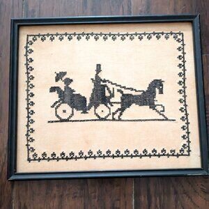 Antique Victorian Horse and Carriage Embroidery Art Framed